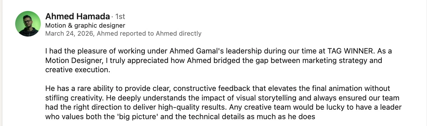 Ahmed Hamada LinkedIn recommendation screenshot