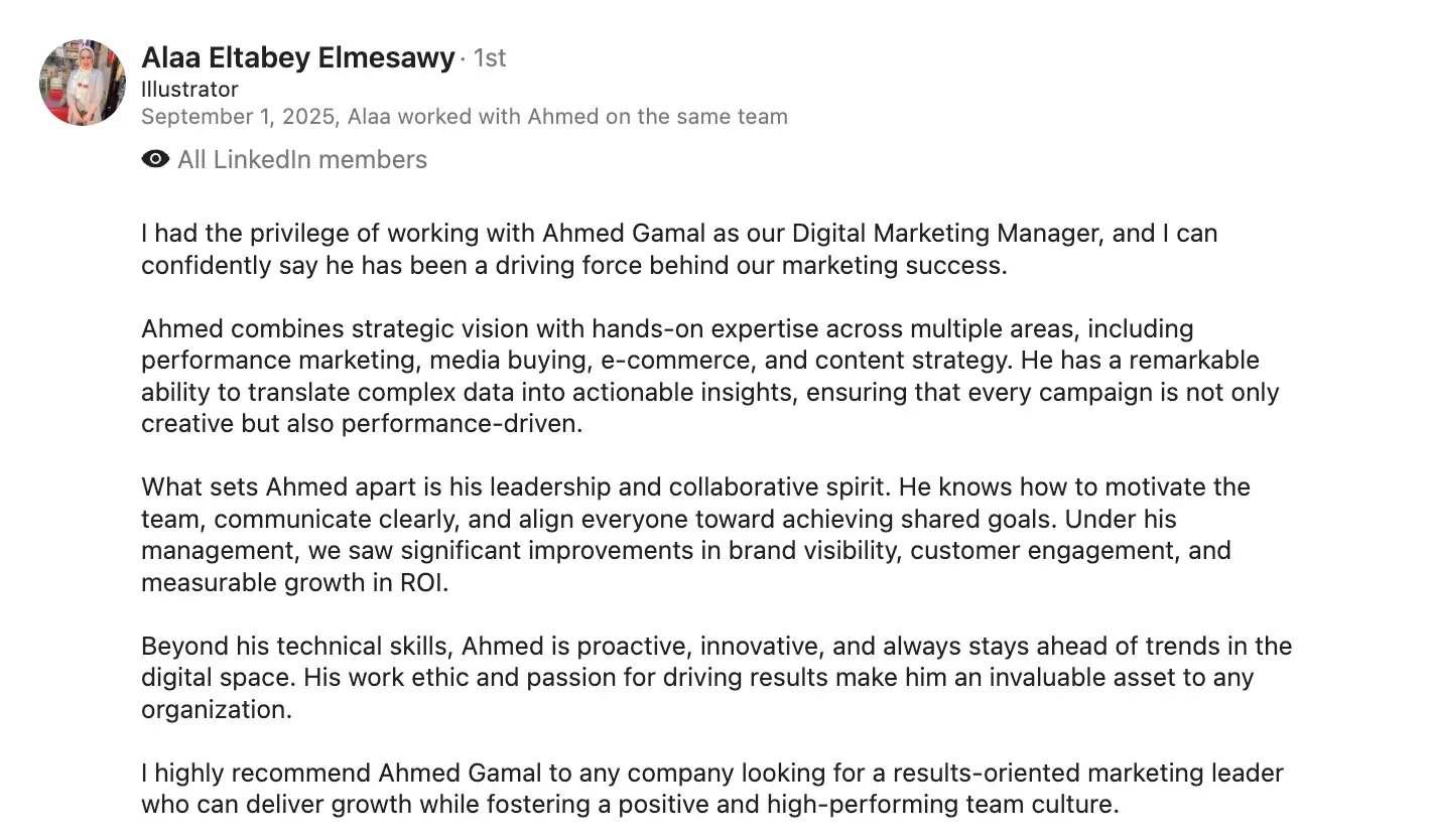 Alaa Eltabey Elmesawy LinkedIn recommendation screenshot