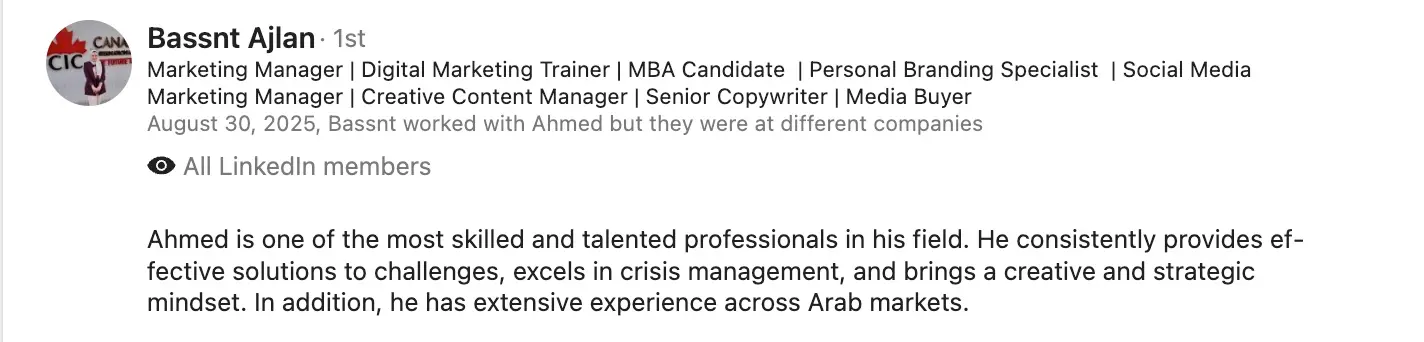 Bassnt Ajlan LinkedIn recommendation screenshot