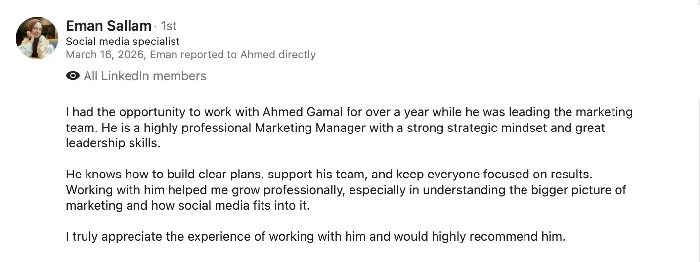 Eman Sallam LinkedIn recommendation screenshot