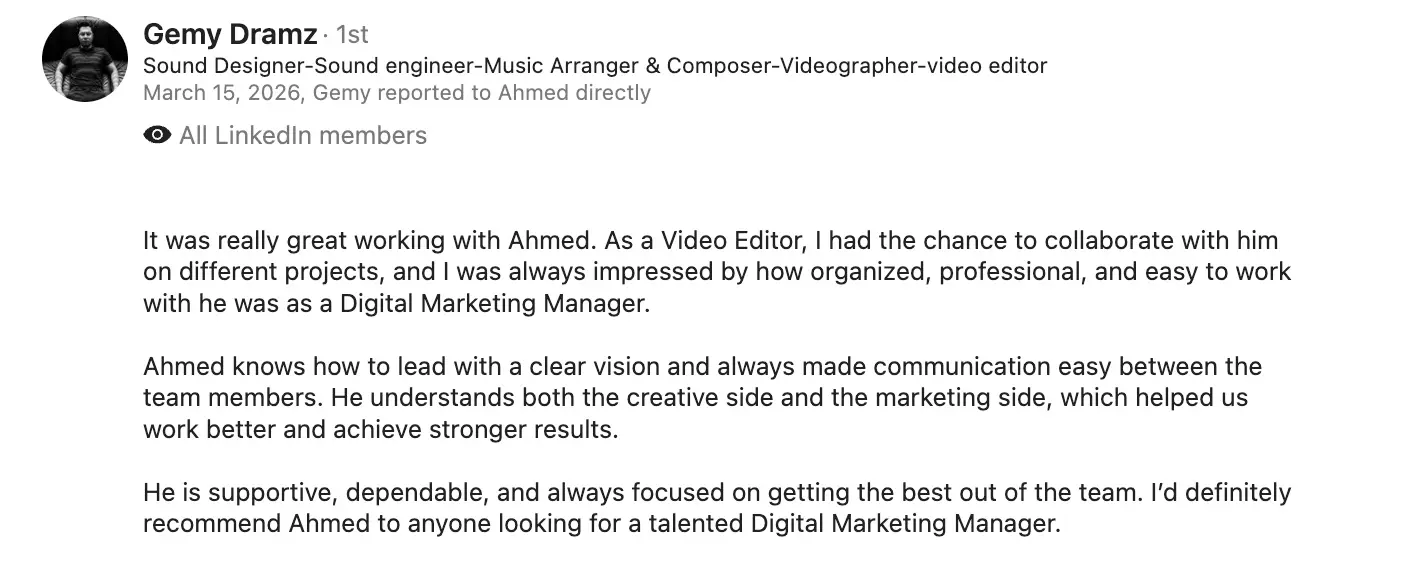 Gemy Dramz LinkedIn recommendation screenshot