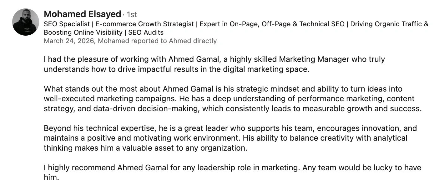 Mohamed Elsayed LinkedIn recommendation screenshot