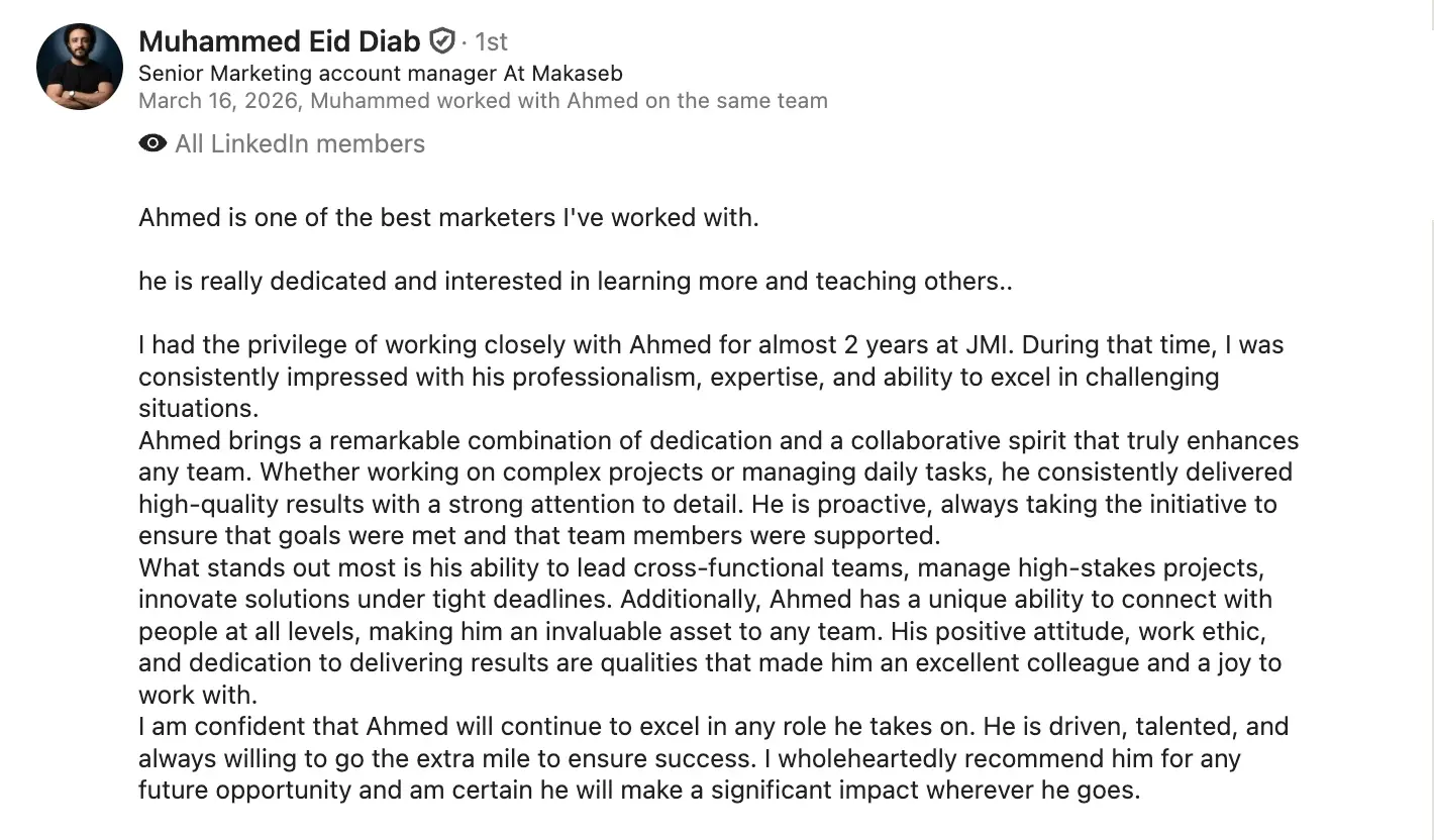Muhammed Eid Diab LinkedIn recommendation screenshot