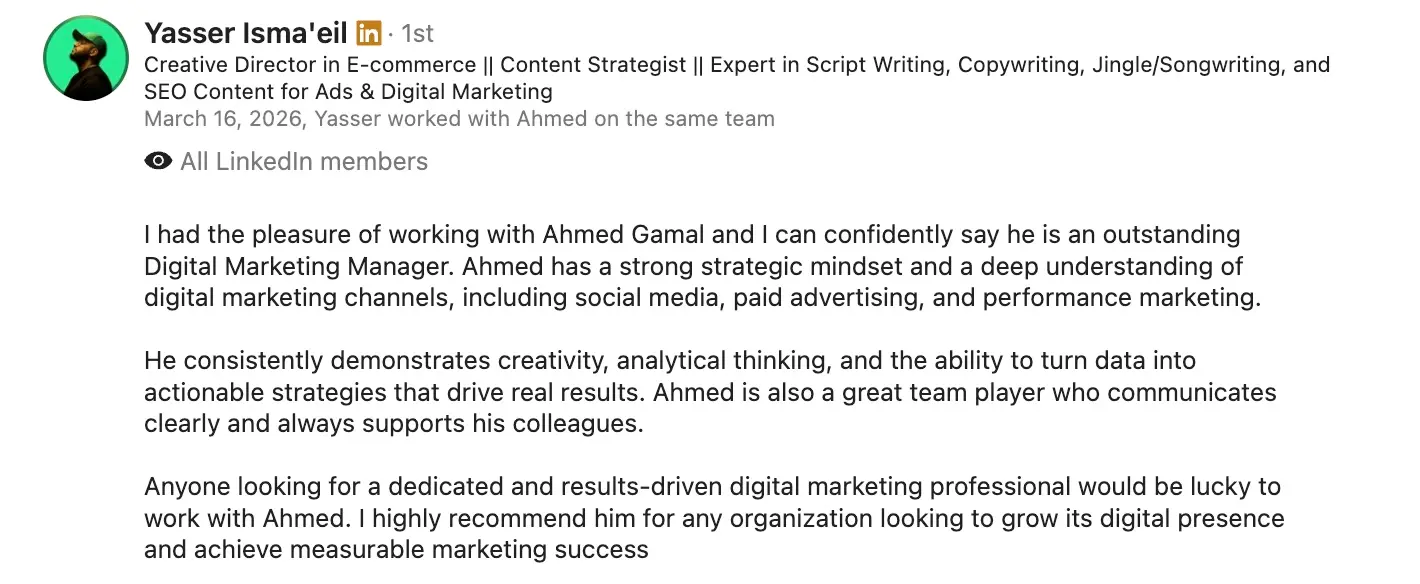 Yasser Isma'eli LinkedIn recommendation screenshot