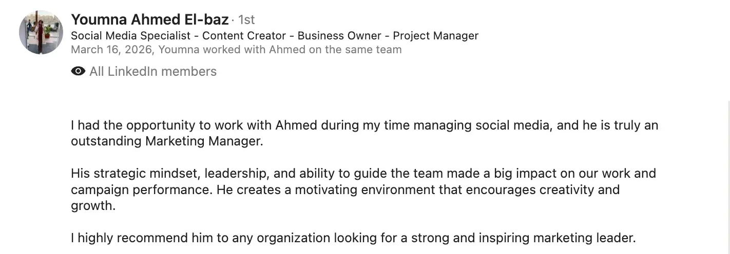 Youmna Ahmed El-baz LinkedIn recommendation screenshot